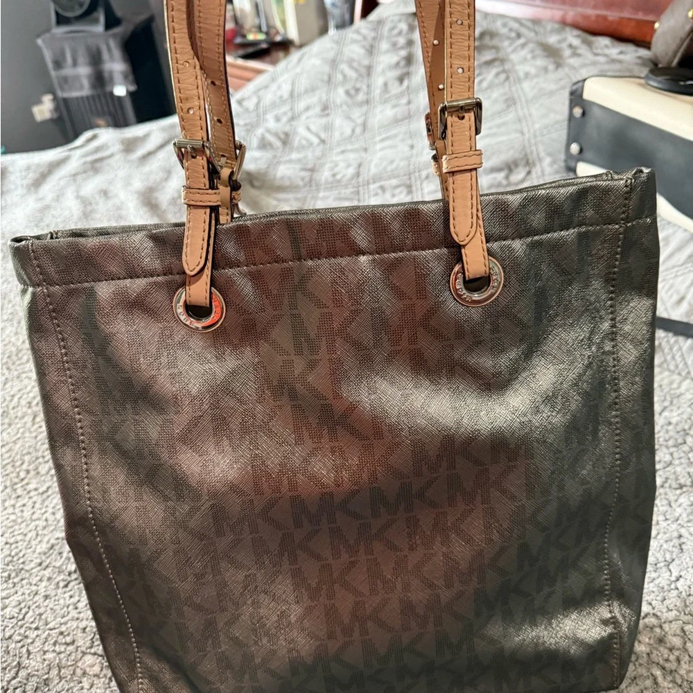 Michael Kors Brown Logo Tote with Tan Leather Straps